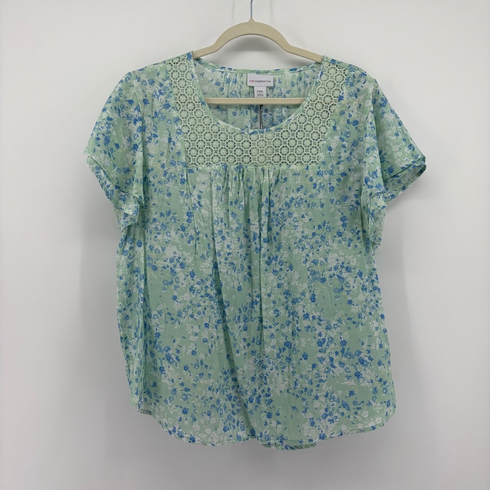 Liz Claiborne Womens PXXL Green Floral Blouse Crochet Lace Yoke Flutter Sleeve